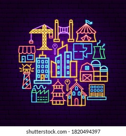 Building City Neon Concept. Vector Illustration of House Promotion.
