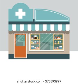 The building of city pharmacy. Showcase with medications. Flat style. Vector illustration.