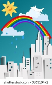 Building city and rainbow clouds in the sky