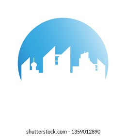 building, city skyline in blue circle 