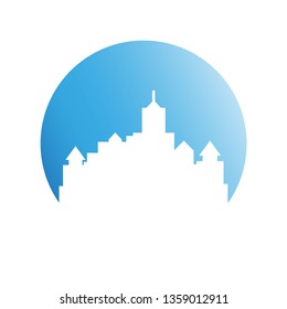 building, city skyline in blue circle 