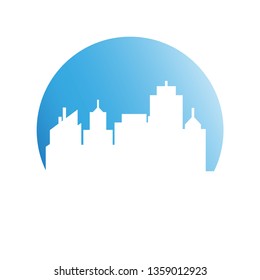 building, city skyline in blue circle 