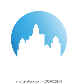 building, city skyline in blue circle 