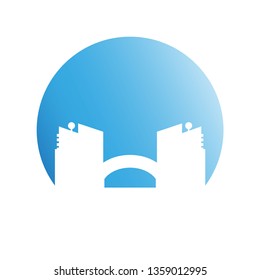 building, city skyline in blue circle 