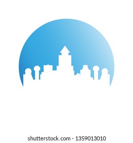 building, city skyline in blue circle 
