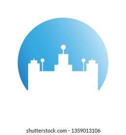 building, city skyline in blue circle 