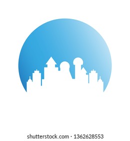 building, city skyline in blue circle 