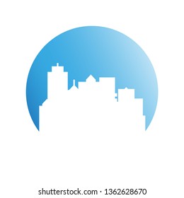 building, city skyline in blue circle 