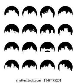 building, city skyline tower in circle shape vector set