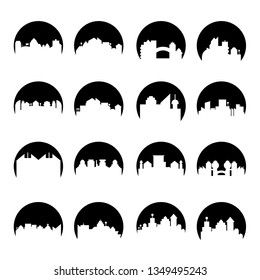 building, city skyline tower in circle shape vector set