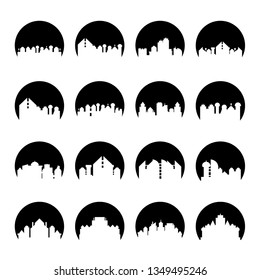 building, city skyline tower in circle shape vector set
