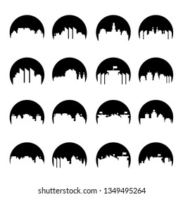 building, city skyline tower in circle shape vector set