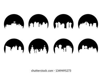 building, city skyline tower in circle shape vector set