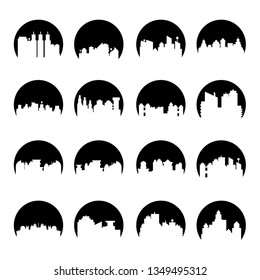 building, city skyline tower in circle shape vector set