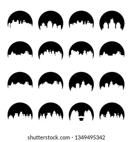 building, city skyline tower in circle shape vector set