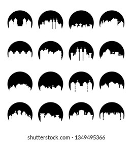 building, city skyline tower in circle shape vector set