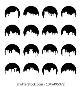 building, city skyline tower in circle shape vector set