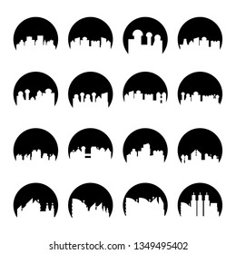 building, city skyline tower in circle shape vector set