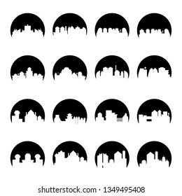 building, city skyline tower in circle shape vector set