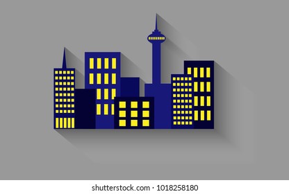 Building in the city with tall tower in night time with light from the window on gray background with shadow