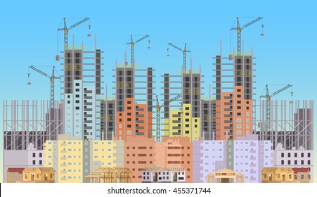 Building city under construction website with tower cranes. Constructions infographics template design