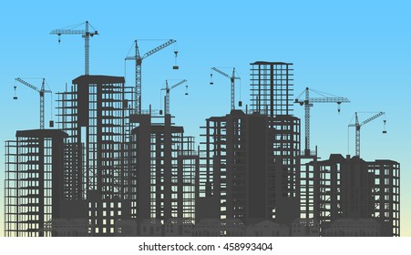 Building city under construction website process with tower cranes silhouette. Constructions infographics template concept