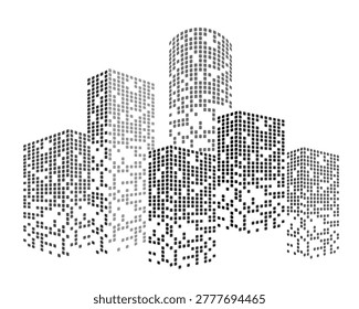 Building City Vector Modern city skyline silhouette with glowing digital elements and abstract geometric patterns creating futuristic urban building landscape on white background