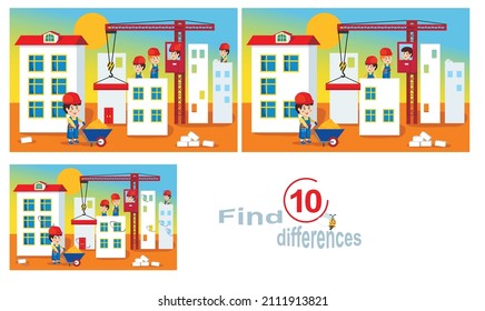 Building a city. Workers are building houses. Children's educational game.