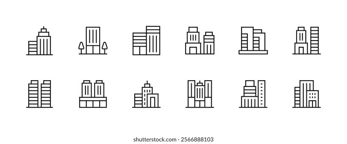 Building and cityscape icon collection. Modern building, skyscrapers, city building, residence, downtown, skyline and more. Editable stroke. Pixel Perfect. Grid base 32px.