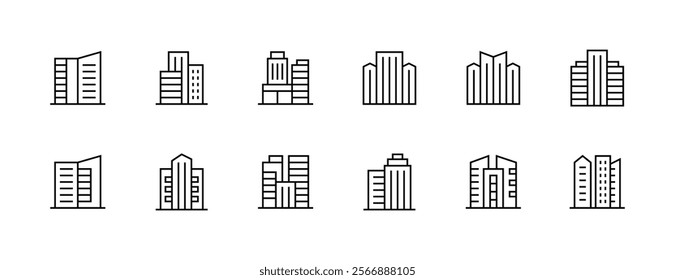 Building and cityscape icon collection. Modern building, skyscrapers, city building, residence, downtown, skyline and more. Editable stroke. Pixel Perfect. Grid base 32px.