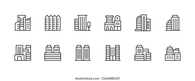 Building and cityscape icon collection. Modern building, skyscrapers, city building, residence, downtown, skyline and more. Editable stroke. Pixel Perfect. Grid base 32px.