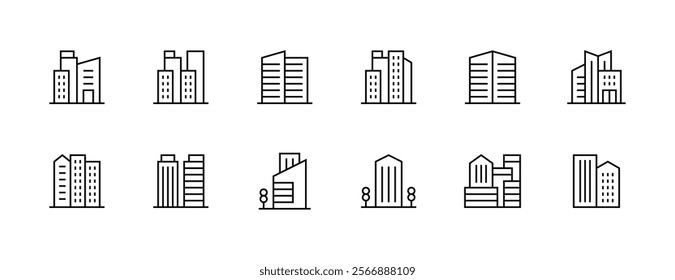 Building and cityscape icon collection. Modern building, skyscrapers, city building, residence, downtown, skyline and more. Editable stroke. Pixel Perfect. Grid base 32px.