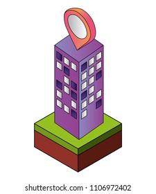 building cityscape with pin location isometric icon
