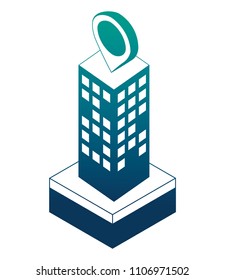 building cityscape with pin location and people isometric icon