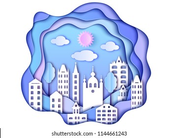 Building of city,sun and clouds. Vector illustration. Paper art style