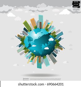 Building in the city,world -  modern design Idea and Concept  Vector illustration Business  Infographic template with tree, lamp,Cloud.