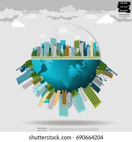 Building in the city,world -  modern design Idea and Concept  Vector illustration Business  Infographic template with tree, lamp,Cloud.