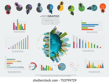 
Building in the city,world,Graph Percent  modern design Idea and Concept Vector illustration Infographic template with  Businessman  Lady,Text 10%-100%.