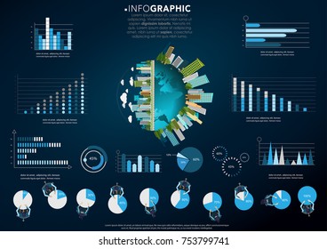 
Building in the city,world,Graph Percent  modern design Idea and Concept Vector illustration Infographic template with  Businessman  Lady,Text 10%-100%.
