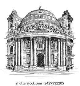 The building is in a classical style with columns and a dome. Renaissance architecture. Quick freehand pencil sketch isolated on white background.