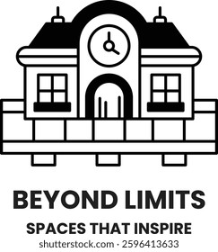 A building with a clock on it that says Beyond Limits. The image is black and white. The text is in white