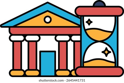 A building with a clock tower and a sand timer. The building is red, blue, and yellow