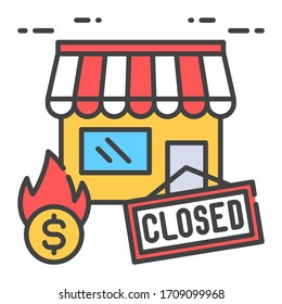 Building closing color line icon. Collapse business. Economic risis. Markets plunging. Sign for web page, app. UI UX GUI design element. Editable stroke.