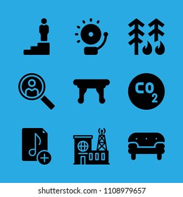 building, co, alarm, forest fire, table, sofa, promotion, search and music file vector icon. Simple icons set