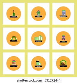 building Collection of stylish vector icons in colorful circles different kinds of buildings