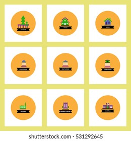 building Collection of stylish vector icons in colorful circles different kinds of buildings