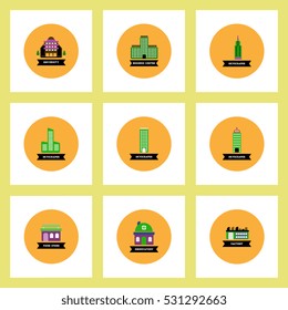 building Collection of stylish vector icons in colorful circles different kinds of buildings