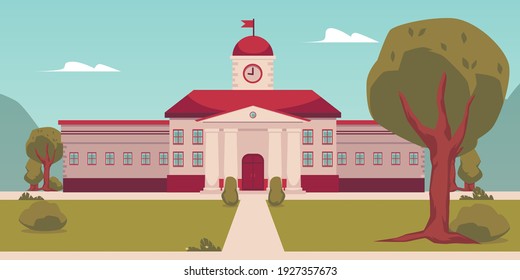 Building of college campus or university, front view with empty entrance and green lawn. Facade of an educational institution with red roof and clock tower with flag. Vector.