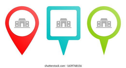 Building, College. Multicolor Pin Vector Icon, Diferent Type Map And Navigation Point.