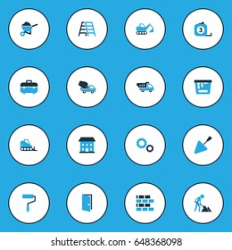 Building Colorful Icons Set. Collection Of Dozer, Maintenance, Stairs And Other Elements. Also Includes Symbols Such As Cement, Worker, Measure.